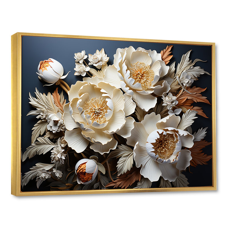 Pivoines dévoilées «I Blooms I» sur toile, H 12 po x l 20 po x P 1 po, Cadre flottant doré