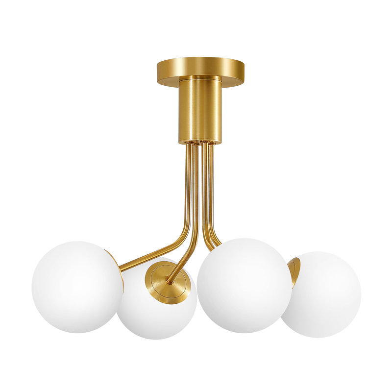 4-Light Gold Sputnik Semi Flush Mount Ceiling Light With White Glass Shades, Gold