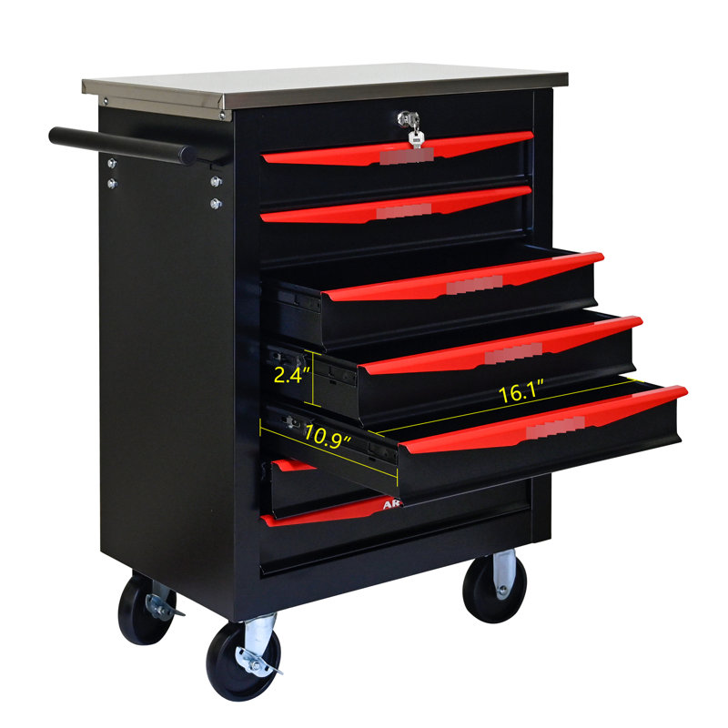 Chariot 7 outils avec toit en acier inoxydable et fonction verrouillable, Noir / Rouge
