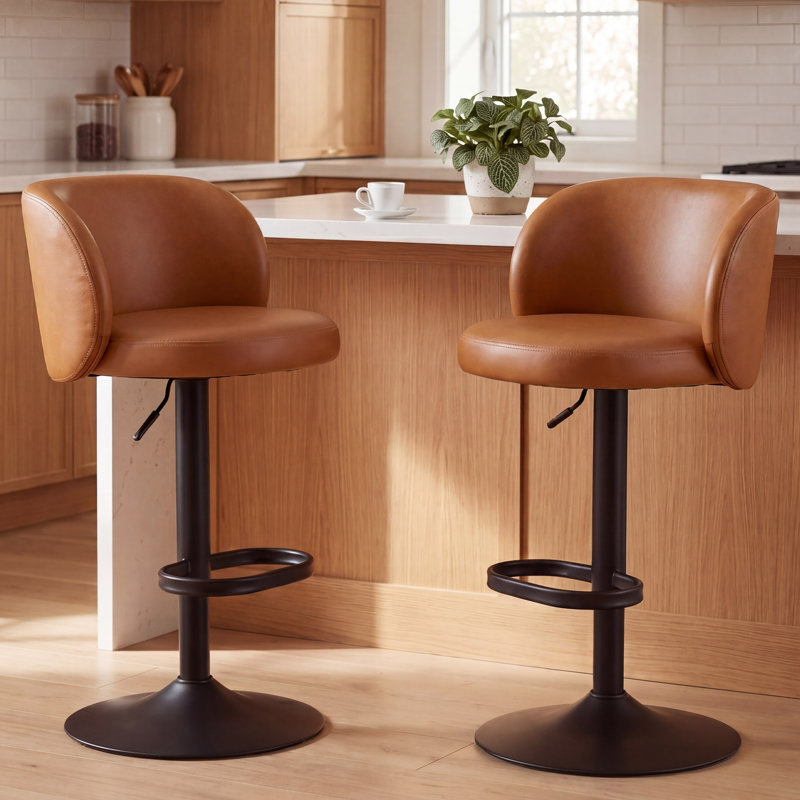 Ensemble de 2 tabourets de bar bruns en similicuir brun avec dossier réglable et base en métal avec îlot de cuisine et tabourets de comptoir modernes pour la maison
