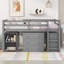 Lit mezzanine double gris avec bureau roulant, armoire de rangement et tablettes, structure en bois massif pour enfants adolescents