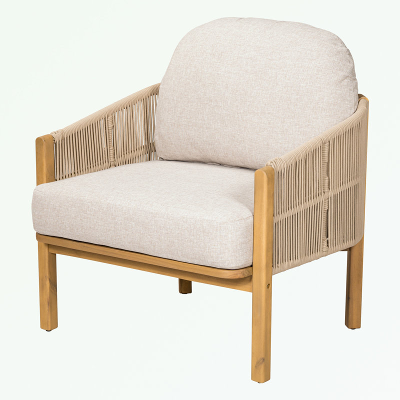 Fauteuil club d'extérieur en bois avec coussin, Beige