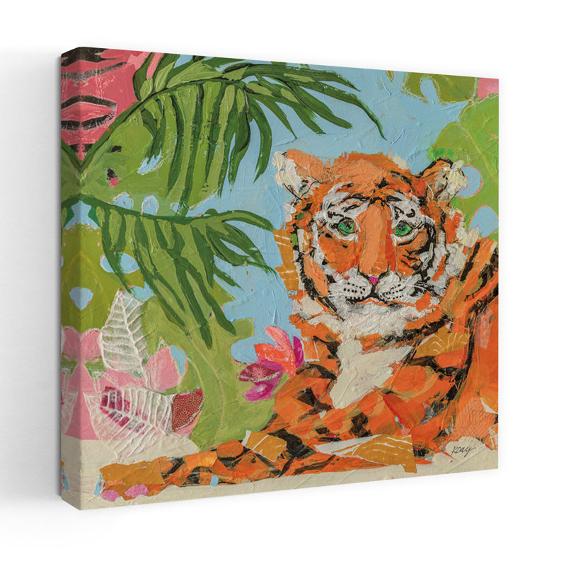 Tigre au repos abstrait, tigre de palmier, art tropical, H 36 po x l 36 po