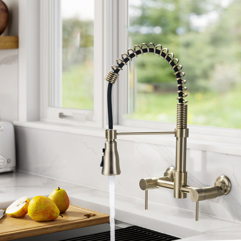 Wall Mounted Bridge Kitchen Faucet, Brushed Gold