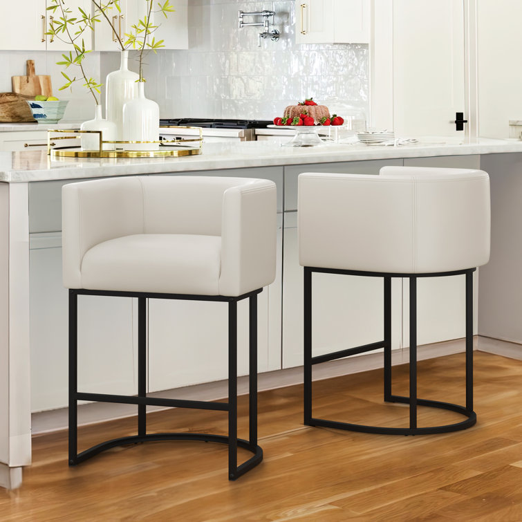 27" H Counter Height Bar Stools Set Of 2, Modern Barrel Counter Stools With Backrest And Arms, Metal Frames, Linen Fabric Upholstered Accent Barstools For Kitchen Island