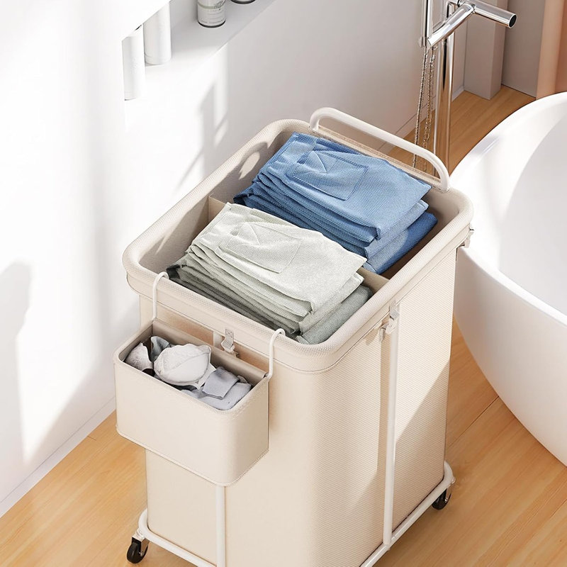 Panier à linge 150L avec roues, chariot à linge 3 sections