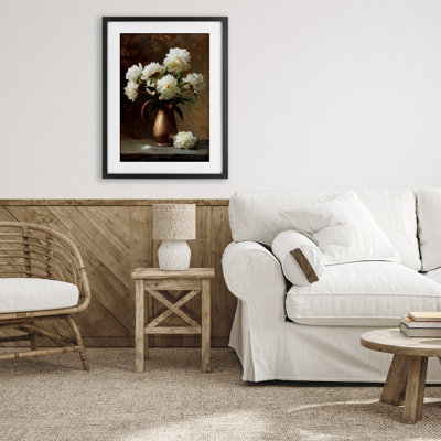 Bronze Vase Peonies Framed Print Under Glass, design by Petal Prints Design