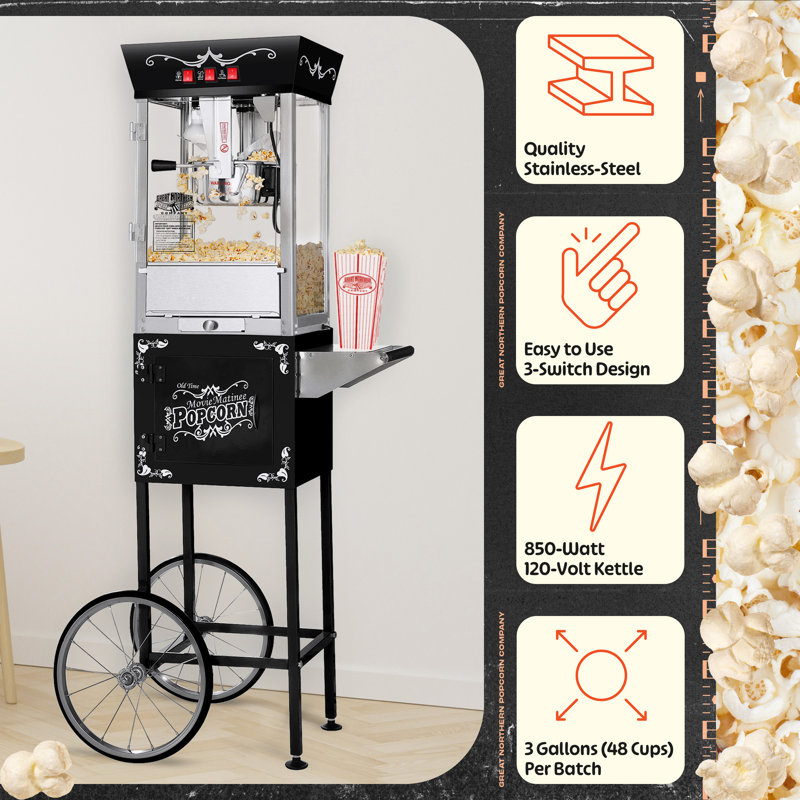 Machine à maïs soufflé avec chariot Matinee 8 oz avec bouilloire en acier inoxydable, lumière chauffante et accessoires par Great Northern Popcorn (noir)