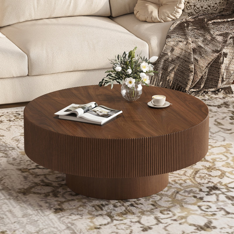 Round Coffee Table, Fluted Drum Design, Sleek & Chic Modern, Living Room Statement, Walnut, 13.73" H x 31.52" L x 31.52" W