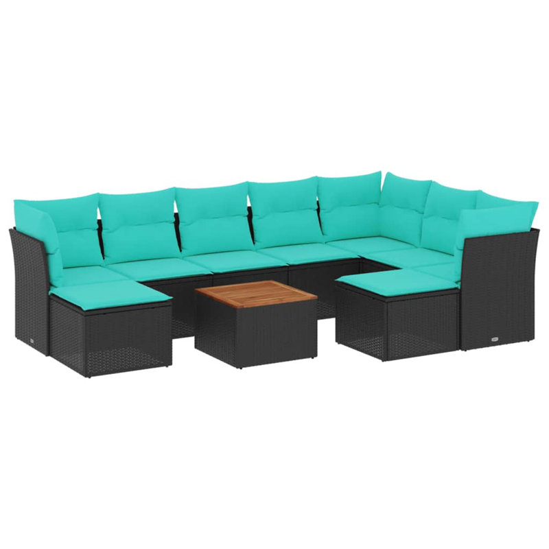 Ensemble de canapé de patio 10 pièces avec coussins en rotin de polyester, Bleu clair, Noir