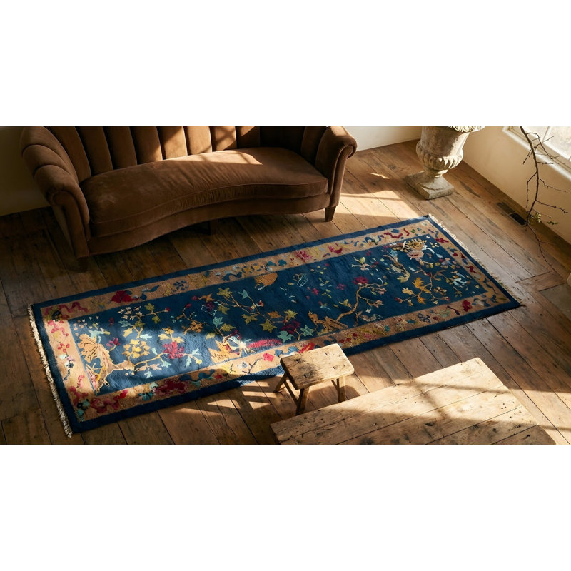 Blue Antique Art Deco Floral Pattern Chinese Hallway Runner Wool Rug