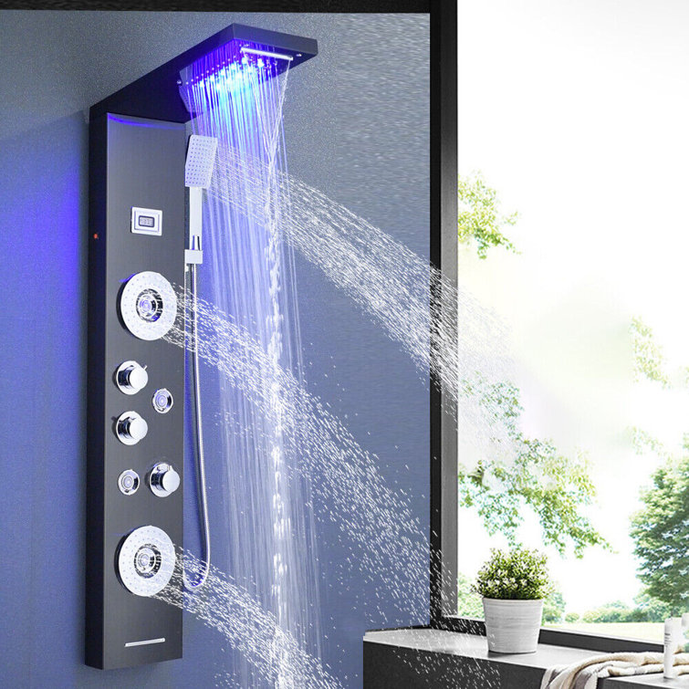 Stainless Black Led Shower Panel Tower System Rain&waterfall Massage Jet Tub Tap