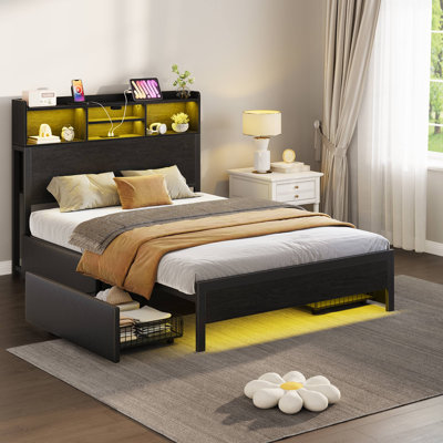 Wenda Bed Frame with Bookcase Headboard and 4 Storage Drawers, Metal Platform Bed with RGB LED Lights