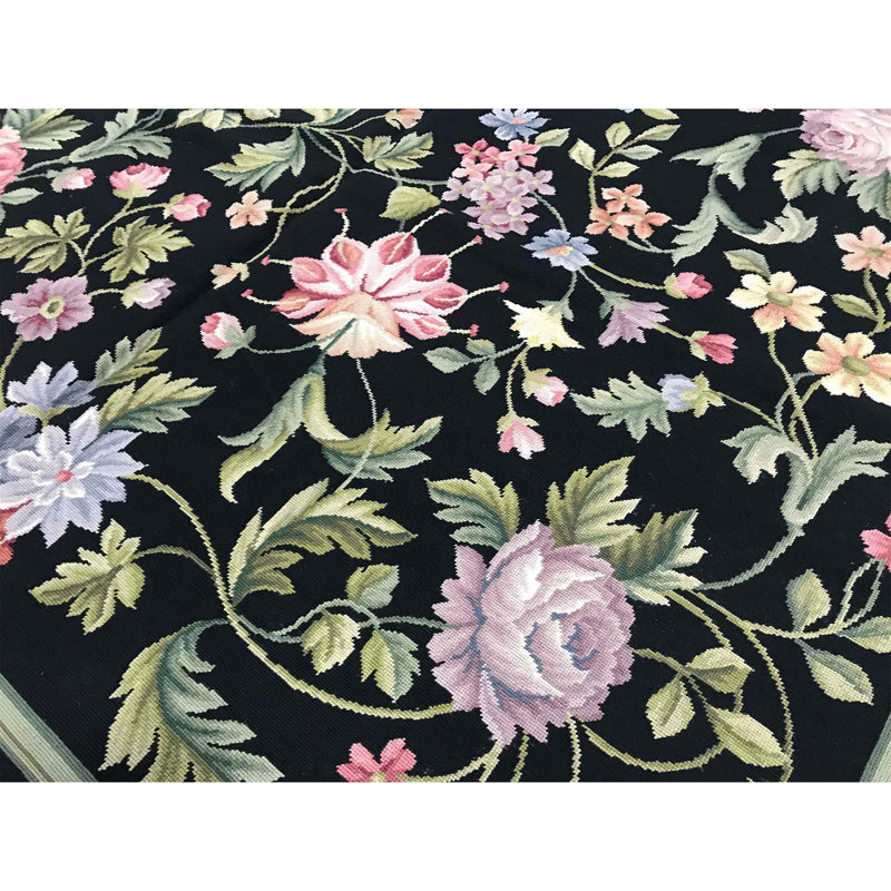 Hand-Knotted High-Quality Black and Light Green Area Rug