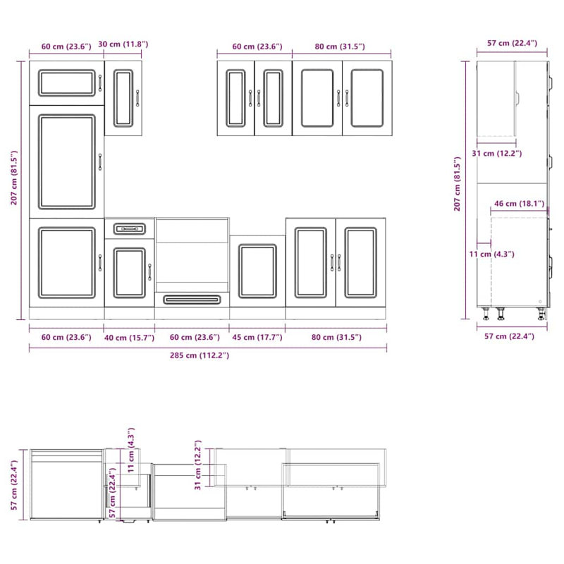 8 Piece Kitchen Cabinet Set Kalmar High Gloss Engineered Wood, Grey Sonoma