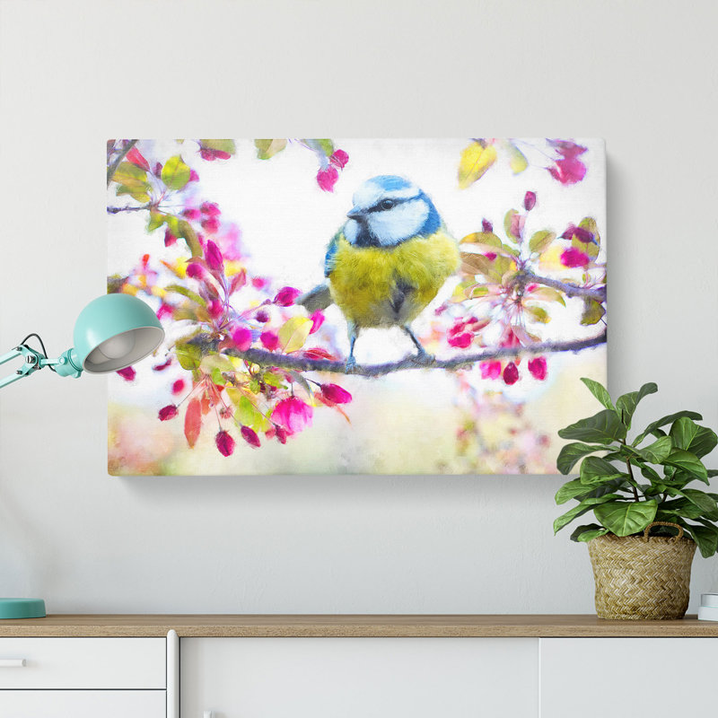 Blue Tit Bird In Spring - Wrapped Canvas Painting, 40cm H x 60cm W x 3cm D