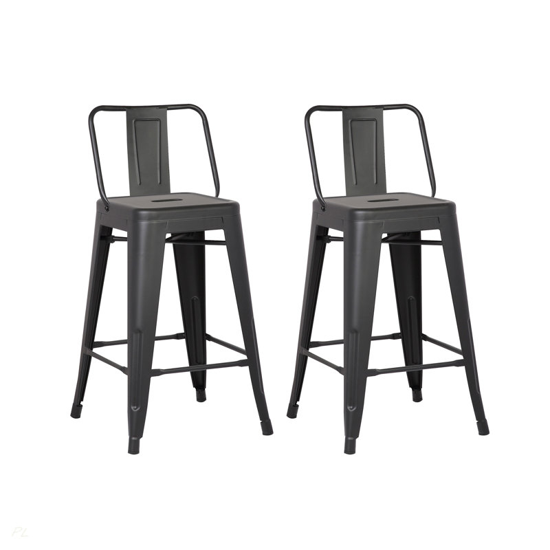 24"Metal Barstool,Country Rustic Style with Back, Kitchen Counter Bar Stool, Lightweight & Sturdy Build, Set of 2 -Matte Black