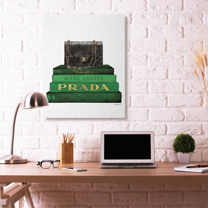 «Fashion Designer Purse Bookstack Green Black», impression, Toile tendue, H 48 po x l 36 po