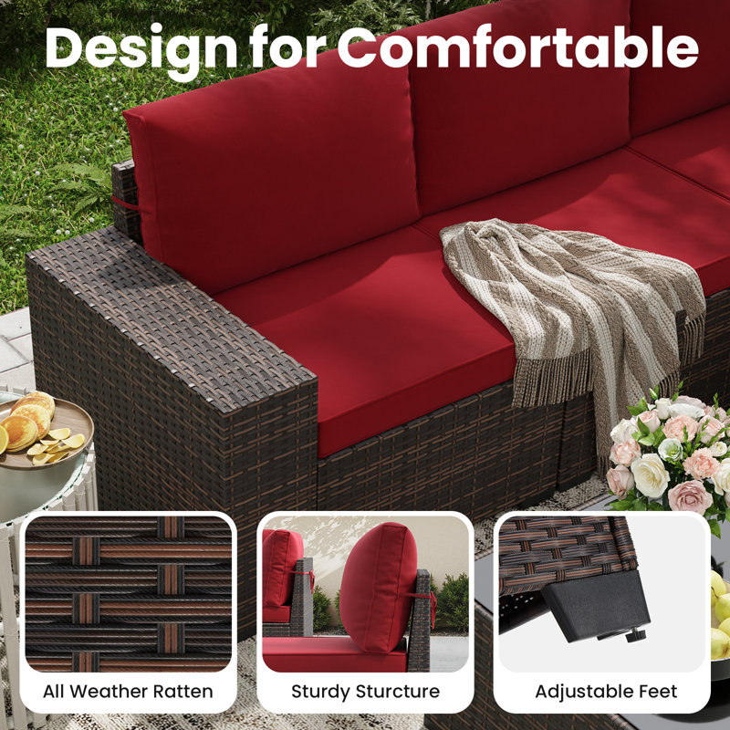 Outdoor Wicker Sectional Conversation Set With Wide Armrest, Red