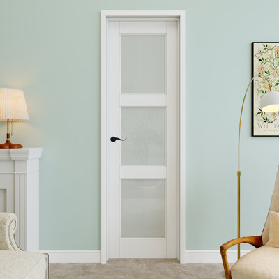 Porte pré-suspendue intérieure en verre givré 3-Lite 24 po x 80 po avec levier incurvé et charnières noires, dalle de porte d'intimité en verre, peint et imperméable, combinaison pour la lessive, portes de placard, portes de pièce, droite