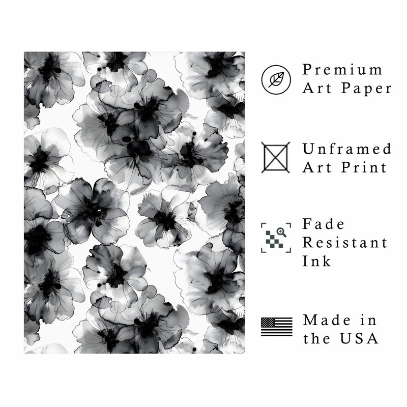 Impression florale moderne noir et blanc, H 36 po x l 24 po