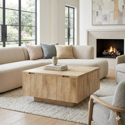 Lockhart 30"W Solid Mango Wood Contemporary Square Storage Coffee Table With Split Top And Hidden Storage