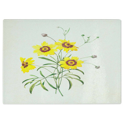Tempered Glass Yellow Tickseed Flowers by Pierre-Joseph Redoute Cutting Board