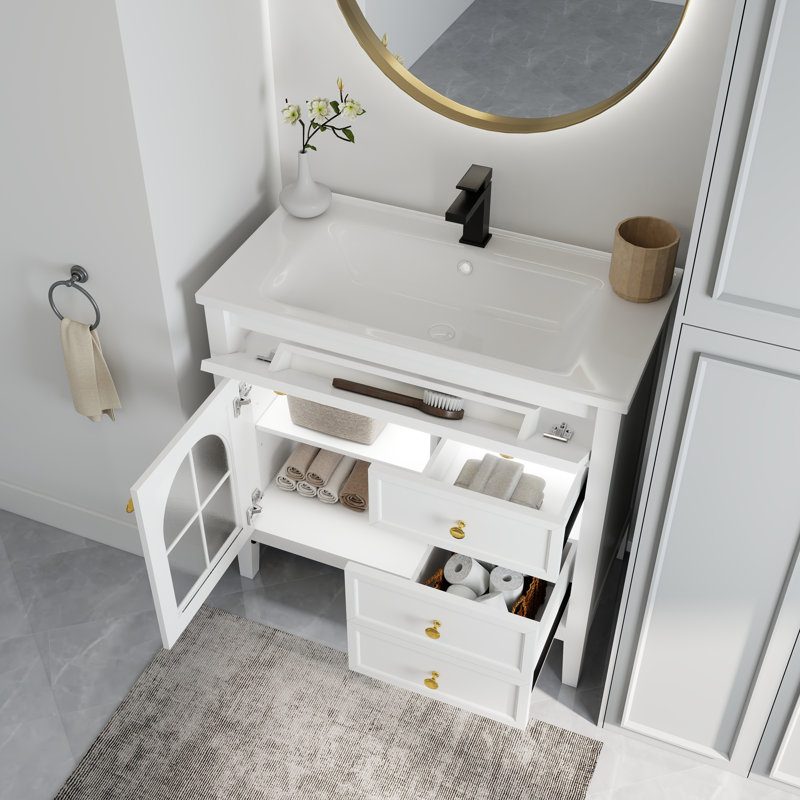 Lavabo de salle de bain 35,6 po Mid-Century avec verre à motif et bande lumineuse à capteur de mouvement, Blanc