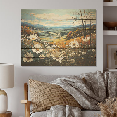 «Cool and Calming Flower Blooming Fields I», art mural en bois sur bois de pin naturel