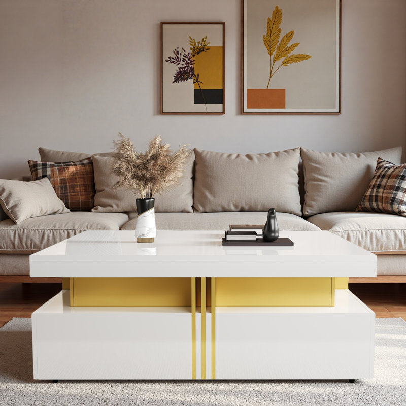 Table basse moderne carrée avec 4 tiroirs, Blanc