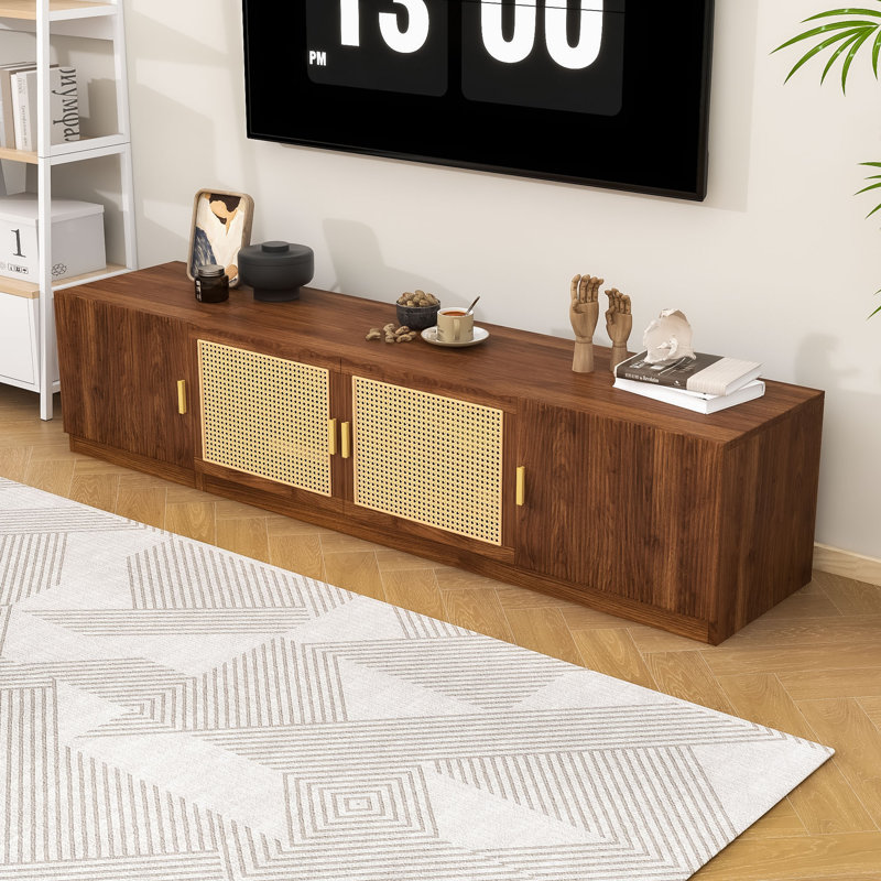 Mid-Century Modern TV Stand with Fluted Doors, Rattan Accents, Adjustable Shelves and Cable Management