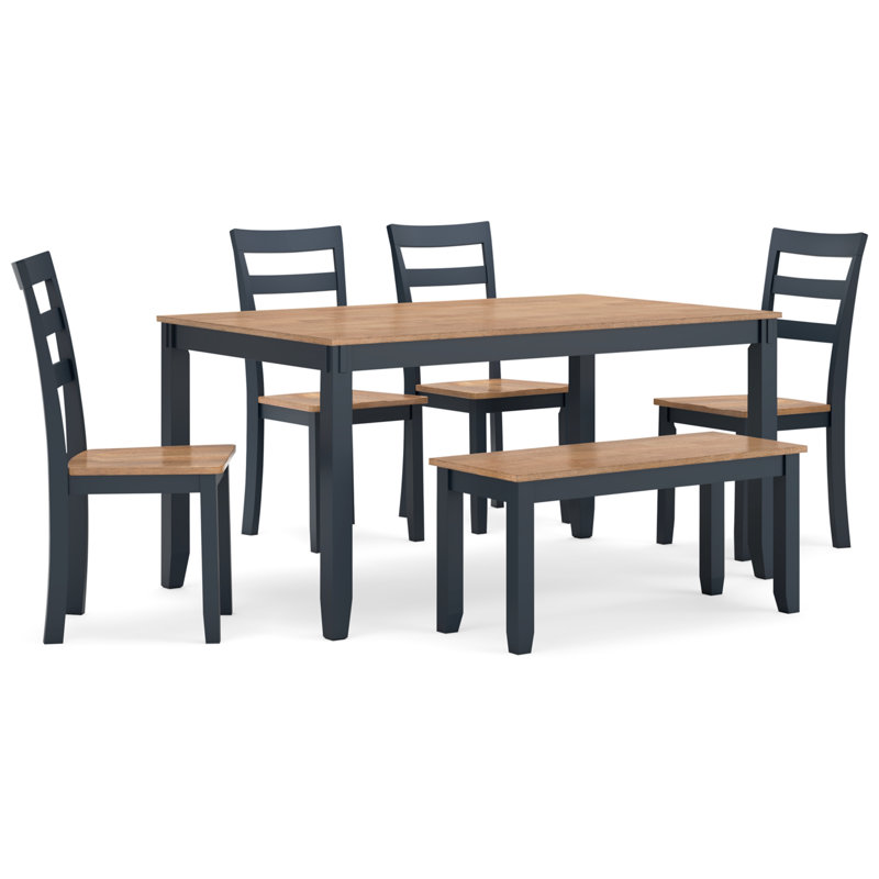 Malkin Dining Table With 4 Chairs And Bench, Set Of 6, Blue, Blue