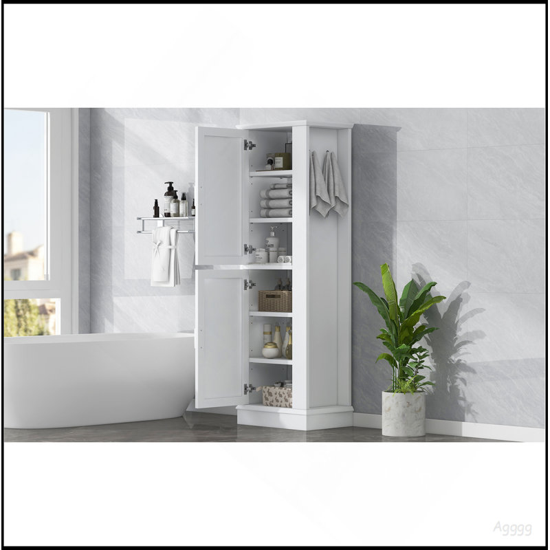 Tall Bathroom Storage Cabinet, Freestanding Storage Cabinet With Hook And Adjustable Shelf, MDF Board, White, White