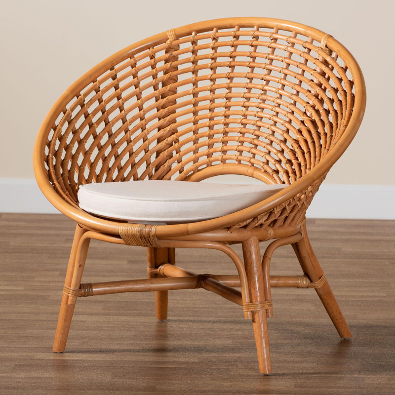 Handcrafted Natural Rattan Bohemian Accent Chair with White Cushion