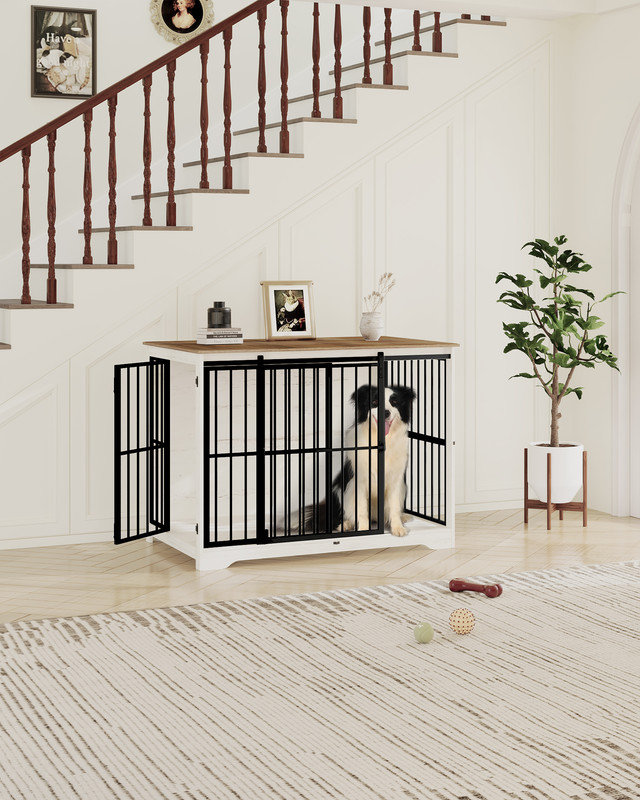 XL Large Dog Crate Furniture, Indoor Dog Kennel Furniture with Barn Door, Wooden Tall Dog Crate, Heavy Duty Dog Cage for Large Dogs, Side End Table, Anti-Chew
