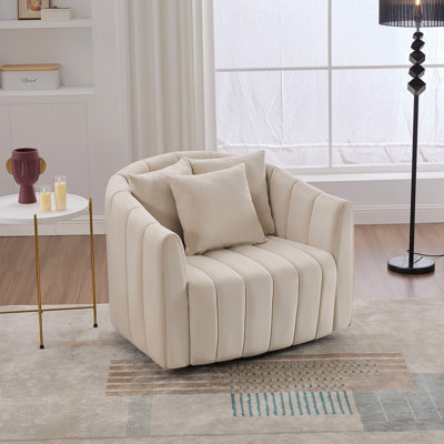 Fauteuil demi-tonneau pivotant surdimensionné à 360 ° de 40,1 po et demi-canapé douillet avec 3 coussins, fauteuil club en velours capitonné en forme de citrouille pour le salon, la chambre à coucher, le bureau, le salon, BEIGE