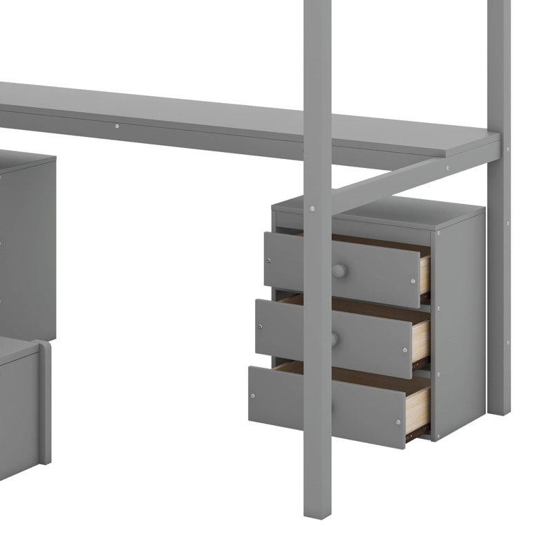 Lit mezzanine simple avec tiroirs, bureau et bande lumineuse, Gris