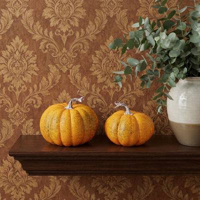 Set of Two Orange And Green Pumpkin Tabletop Sculptures