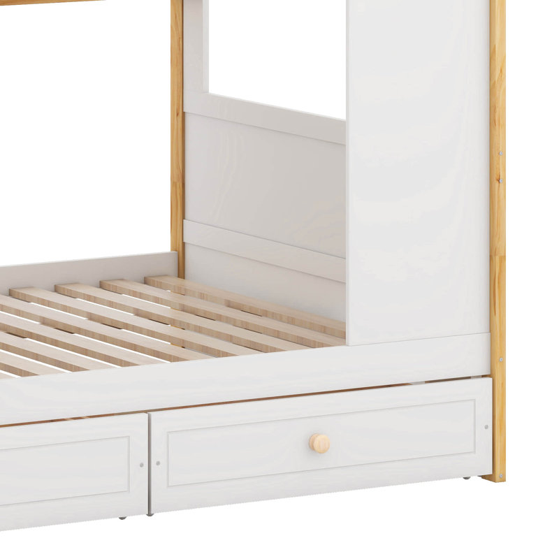 Lit superposé avec garde-corps en forme de maison et tablettes et tiroirs de rangement, Lit superposé double sur double