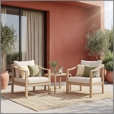 Fauteuil club en bois d'acacia, ensemble de sièges de 2,26,38 po de profondeur avec coussin moelleux, dossier en lattes de bois, convient aux porches, jardins, arrière-cours et balcons (teck clair + coussin crème)