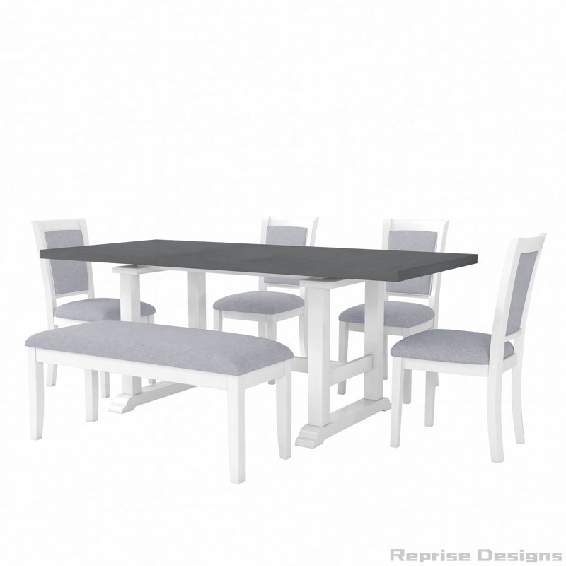 Ensemble de 6 tables de salle à manger extensibles à tréteaux de 76,9 pouces avec rallonge amovible, ensemble de table de cuisine avec chaise d'appoint rembourrée et banc
