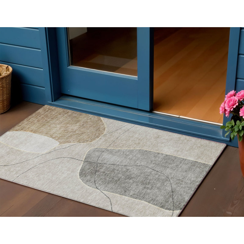 Tapis d'extérieur lavable abstrait brun et taupe 3 pi x 5 pi beige