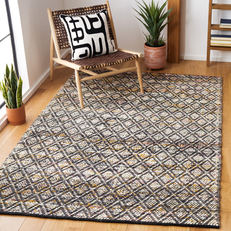 Tapis en laine / coton tissé à la main Natura en jaune / noir / ivoire, Rectangle 4pi x 6 pi