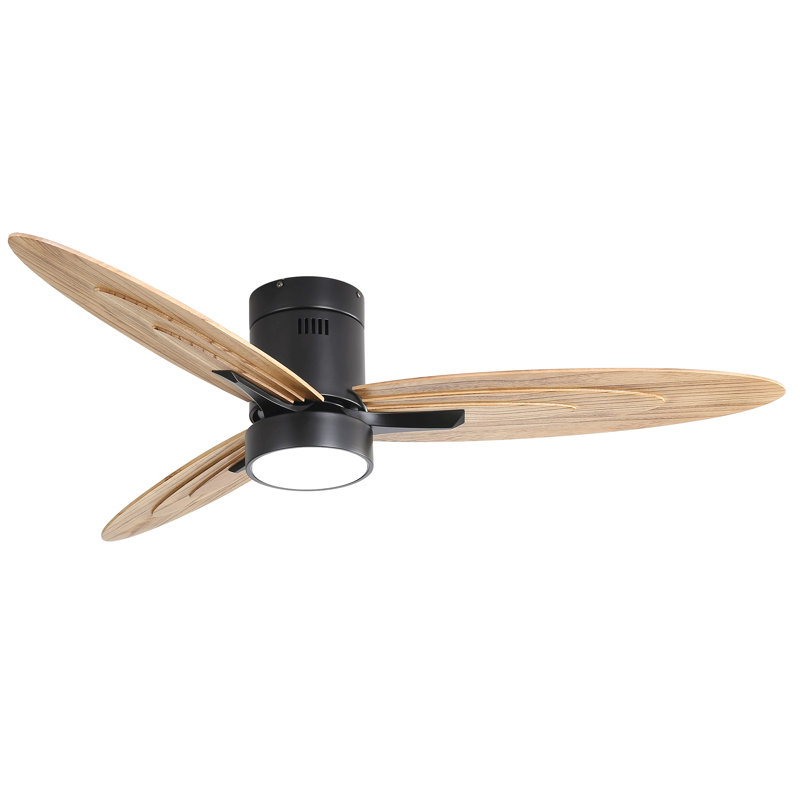 56 Inch Modern Design Flush Mount Ceiling Fan With Light And Remote Control, 3 Solid Wood Blades Reversible Dc Motor Black For Living Room