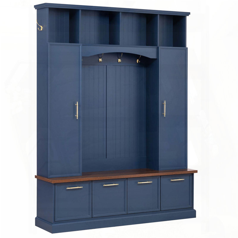 4-in-1 Elegant Hall Tree with Golden Hooks and Adjustable Shelves (Blue), Blue