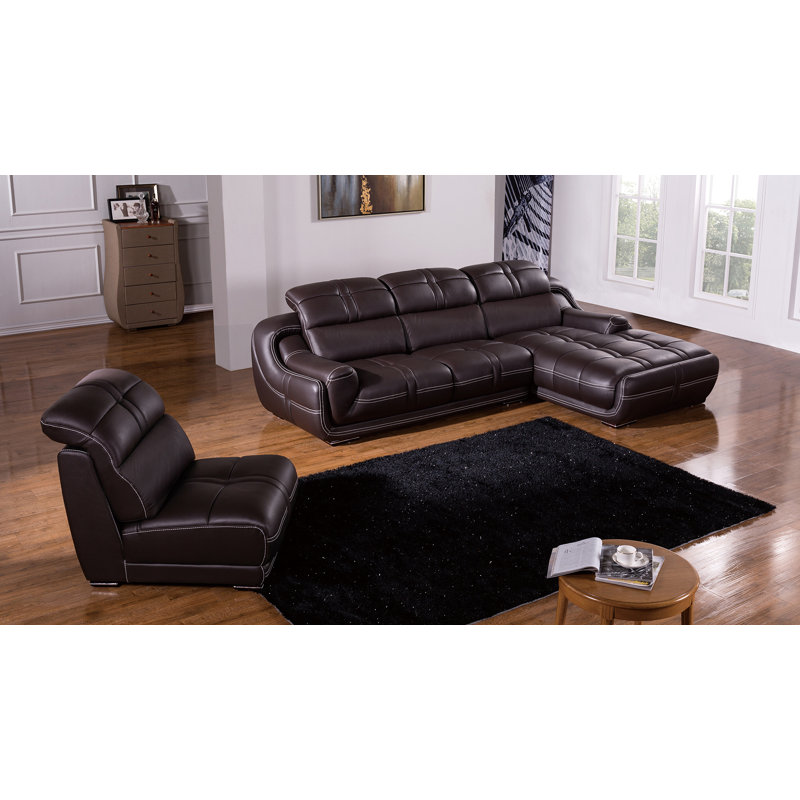 Upholstered L-Shaped Sectional, Right Hand Facing, Dark Brown Genuine Leather