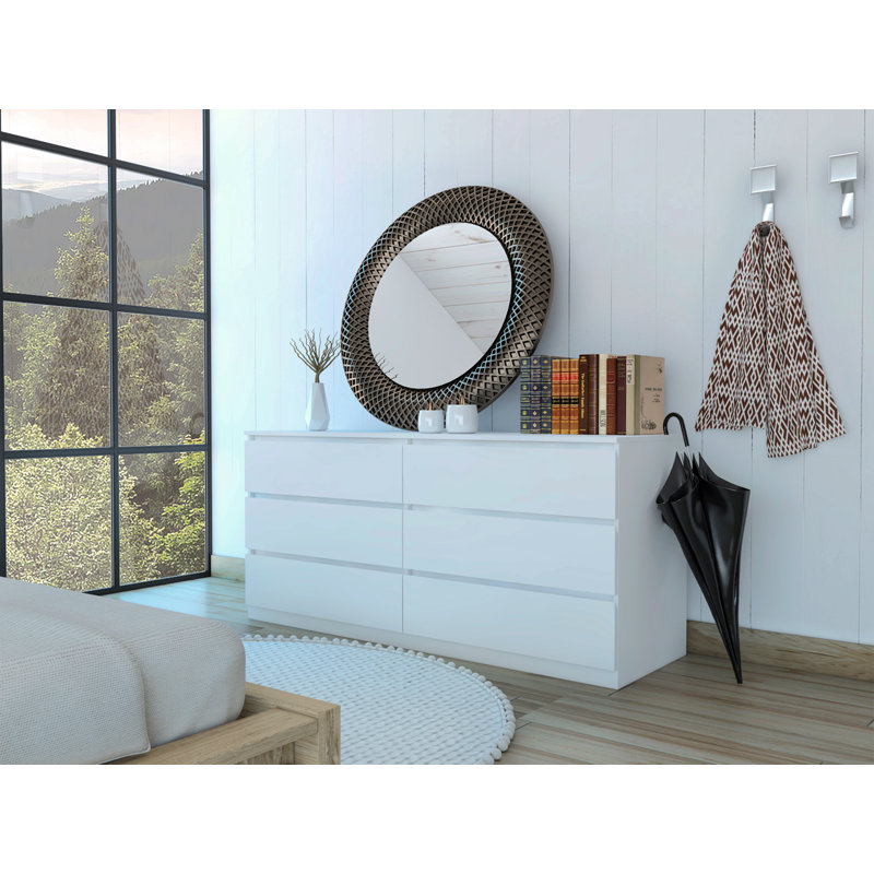 Commode double 6 tiroirs Tronx, chambre à coucher, blanc, Blanc