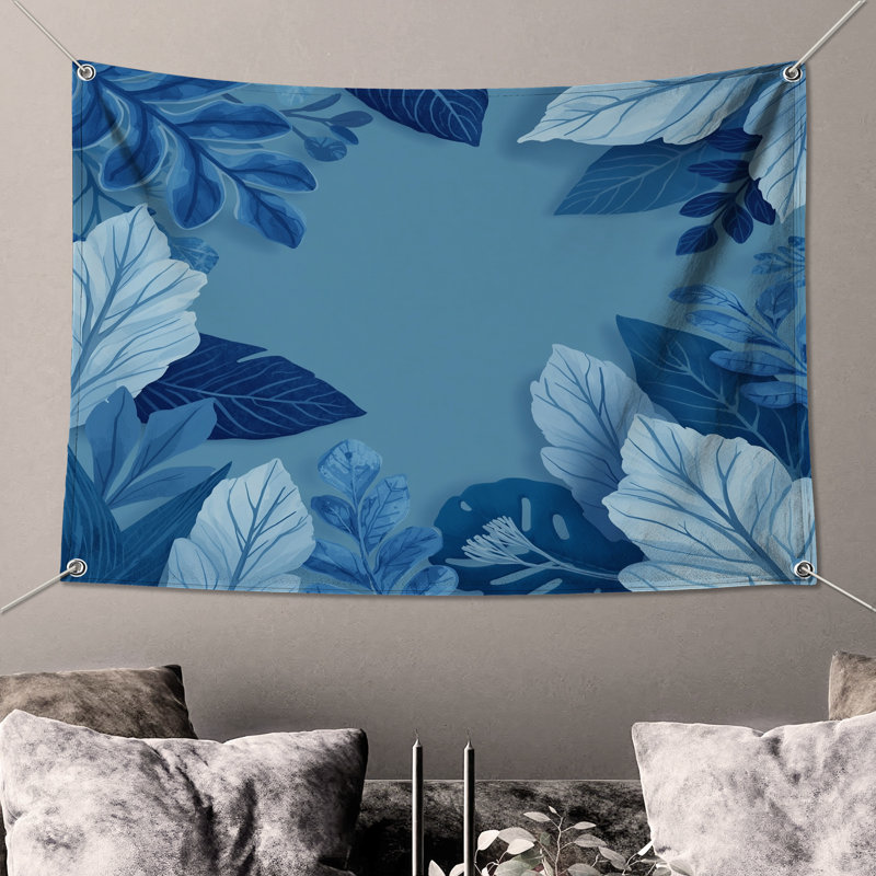 Tapisserie murale "Feuillage bleu" - Décoration murale feuilles, 50in H x60in W with 4 Grommets