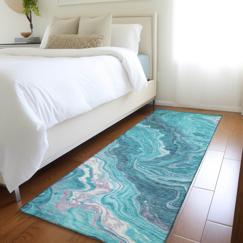 Machine Washable Indoor/Outdoor Cinead ACN1701 Teal Rug, Runner 2'3" x 7'6"