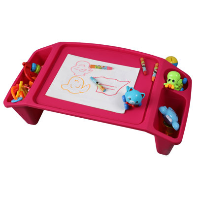 Basicwise Pink Activity Desk Table with Built-In Cup Holder and Storage Compartments, Multipurpose Lap Tray for Home Learning, Art Activities, Snack Time, Reading, Floor-Based Tasks, and Raised-Leg Design